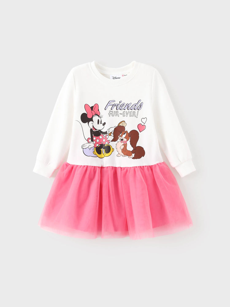 Disney Mickey and Friends Toddler Girl Minnie Mouse Mesh Splice Sweatshirt Dress White