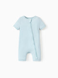 Baby snug-fitting bamboo footed onesie with two-way zipper and anti-slip grips, turquoise.