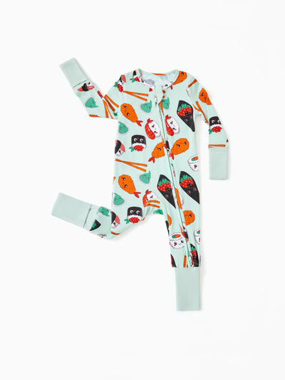 Snug-fitting bamboo baby pajamas with childlike print, light green.