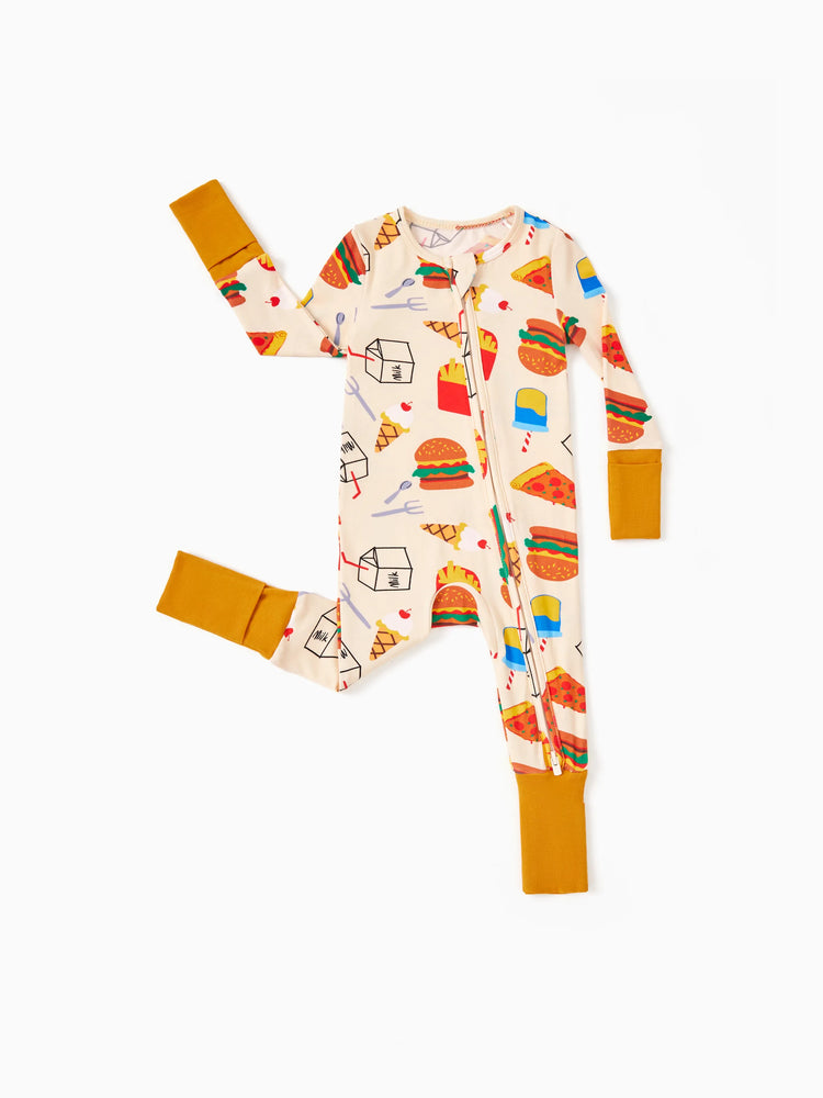 Snug-fitting bamboo baby pajamas with childlike print, brown.