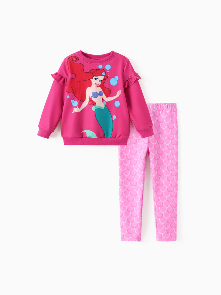 Disney Princess Toddler Girl Ariel 2pcs Ruffled Sweatshirt and Leggings Set Hot Pink