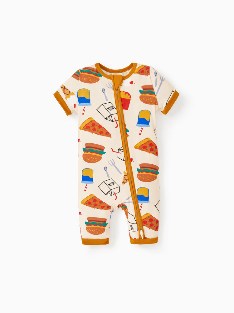 Baby snug-fitting bamboo footed onesie with two-way zipper and anti-slip grips, childlike food pattern, brown.