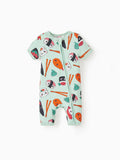 Baby snug-fitting bamboo footed onesie with two-way zipper and anti-slip grips, childlike food pattern, green.