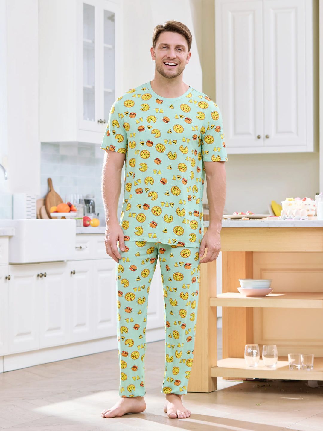 Pijama familiar de bambú verde menta con estampado de dibujos animados de comida, manga corta y pantalones largos, conjunto de pijama a juego (ajuste ceñido para niños), azul claro
