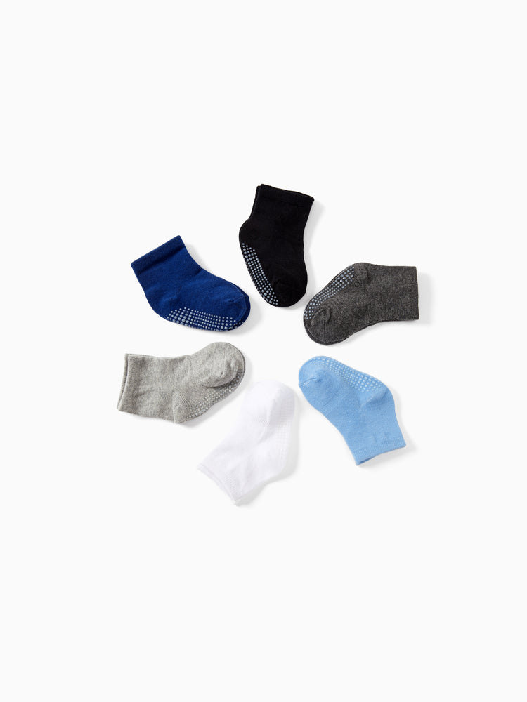 Lot de 6 paires de chaussettes antidérapantes adhésives pour bébé/enfant en bas âge, couleur pure, bleu