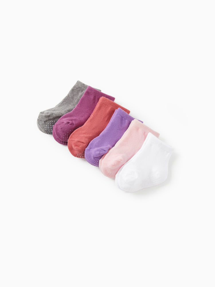 Lot de 6 paires de chaussettes antidérapantes adhésives pour bébé/enfant, couleur unie, rose clair