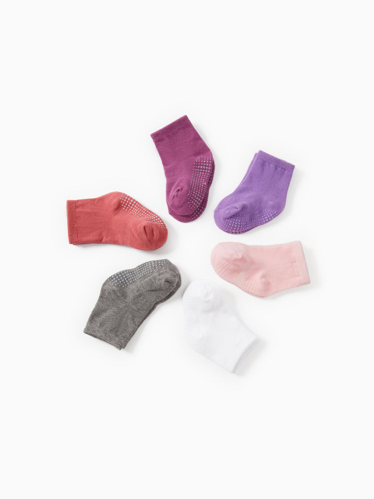 Lot de 6 paires de chaussettes antidérapantes adhésives pour bébé/enfant, couleur unie, rose clair