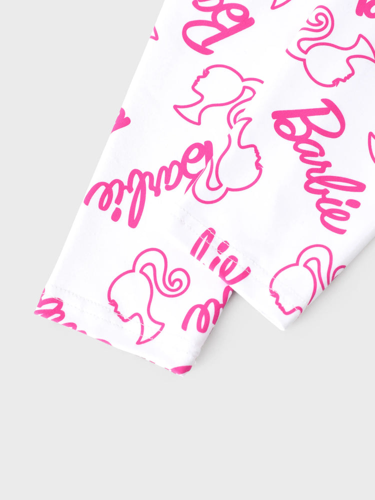 Ensemble 2 pièces Barbie pour petite fille, haut à manches longues en crêpe de coton et pantalon imprimé, rose vif