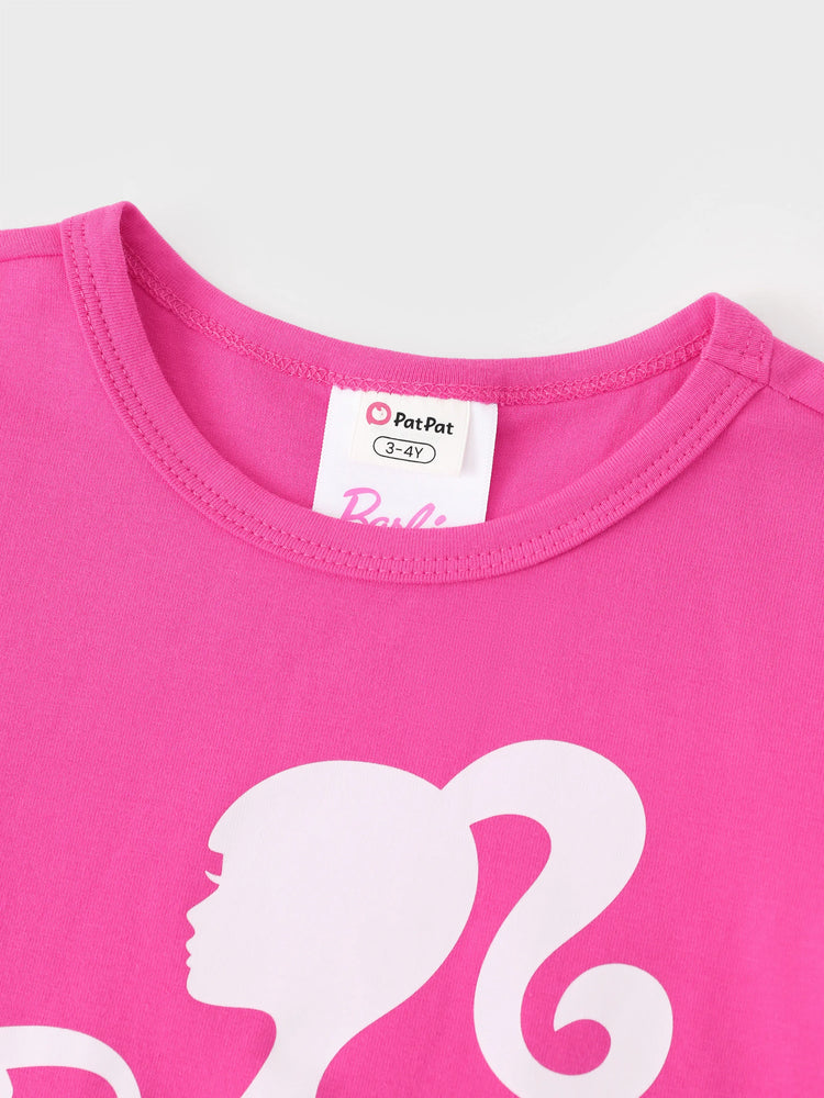 Ensemble 2 pièces Barbie pour petite fille, haut à manches longues en crêpe de coton et pantalon imprimé, rose vif