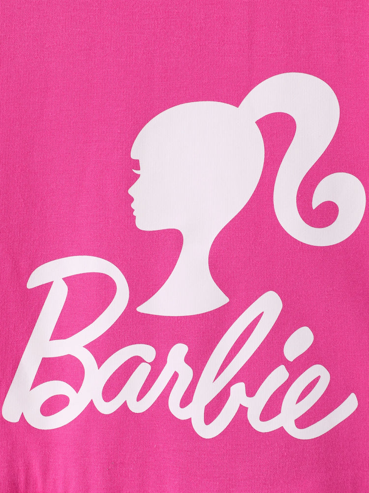 Ensemble 2 pièces Barbie pour petite fille, haut à manches longues en crêpe de coton et pantalon imprimé, rose vif