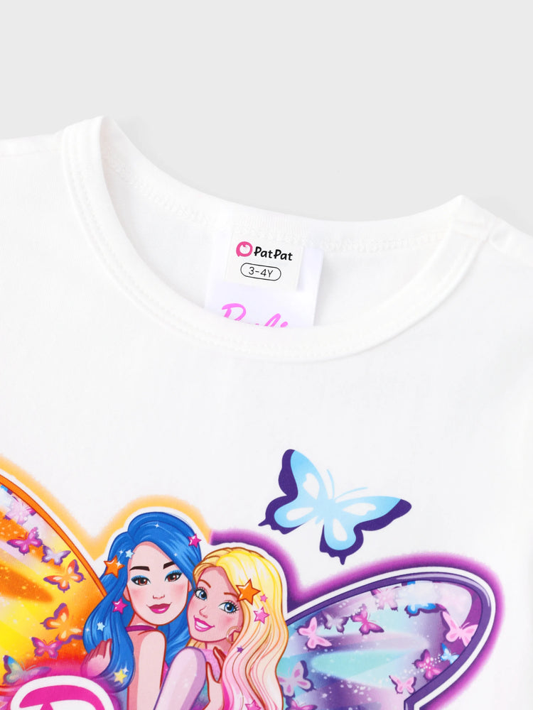 Barbie Toddler Girl 2pcs Cotton Crepe Long-sleeve Top and Printed Pants Sets White