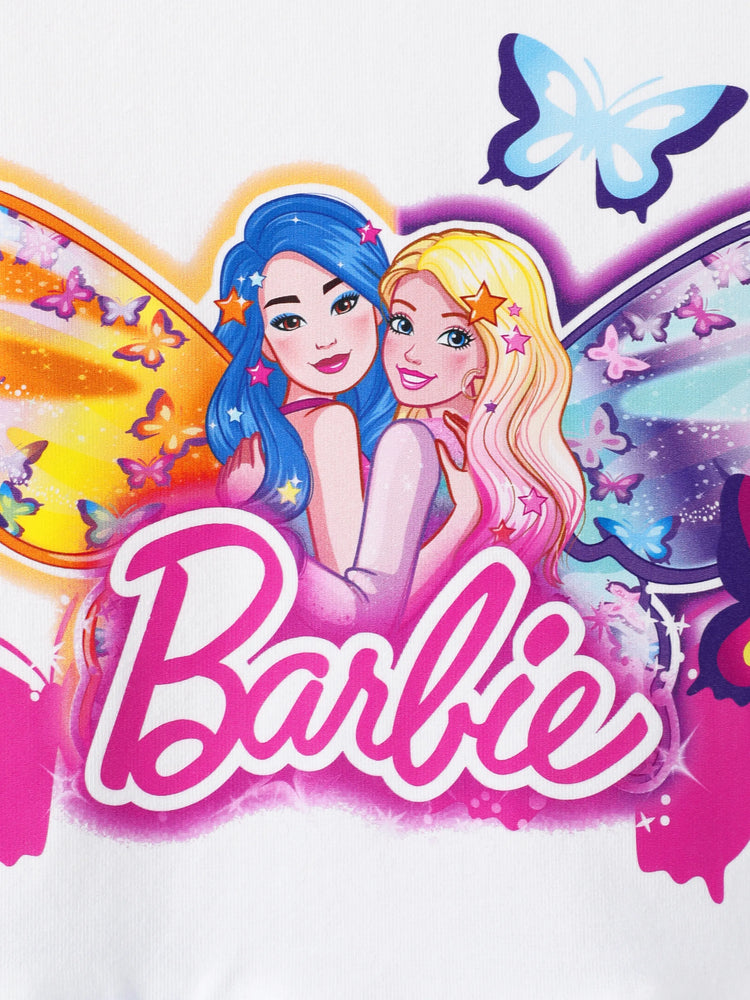 Barbie Toddler Girl 2pcs Cotton Crepe Long-sleeve Top and Printed Pants Sets White