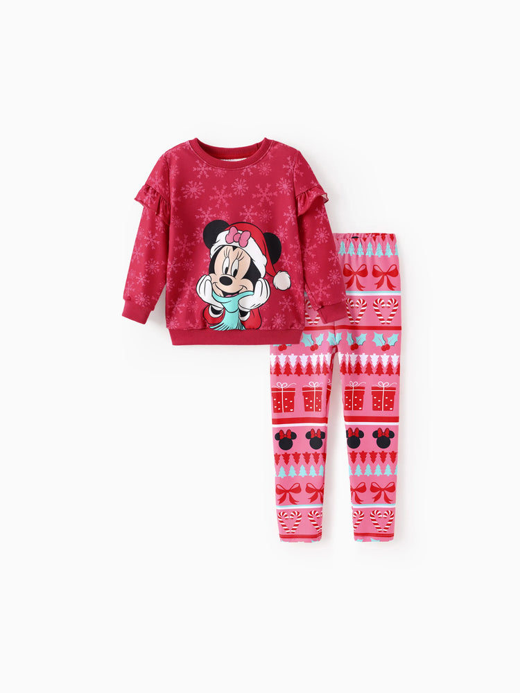 Conjunto de sudadera y leggings con volantes de Mickey y sus amigos de Disney para niñas pequeñas/niñas, color rojo claro, 2 piezas