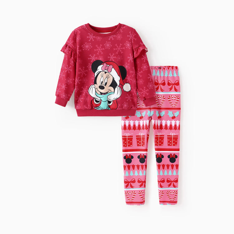 Conjunto de sudadera y leggings con volantes de Mickey y sus amigos de Disney para niñas pequeñas/niñas, color rojo claro, 2 piezas