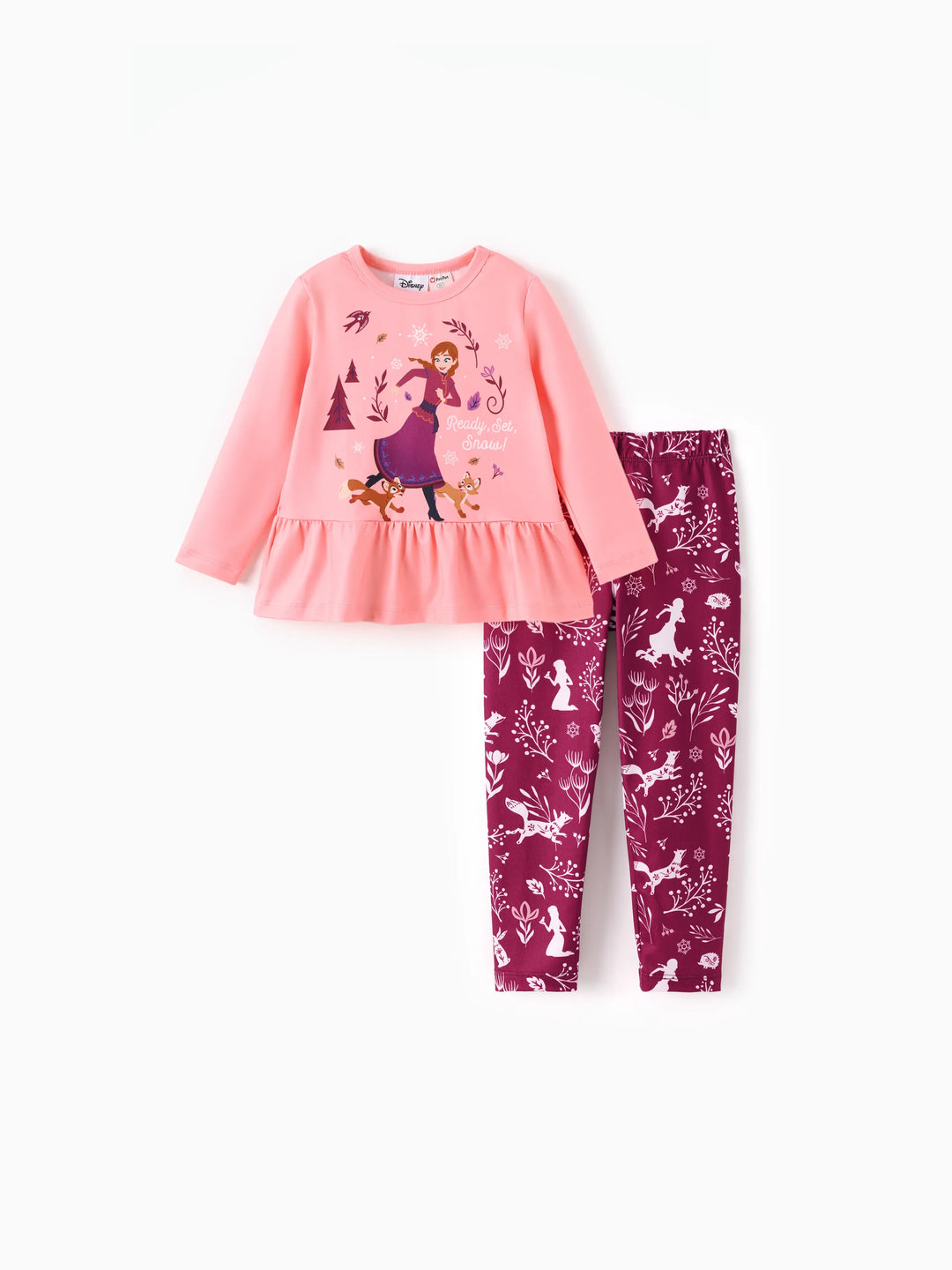 Disney Frozen Toddler Girl 2pcs Anna Floral Print Ruffle Top and Leggings Set Red