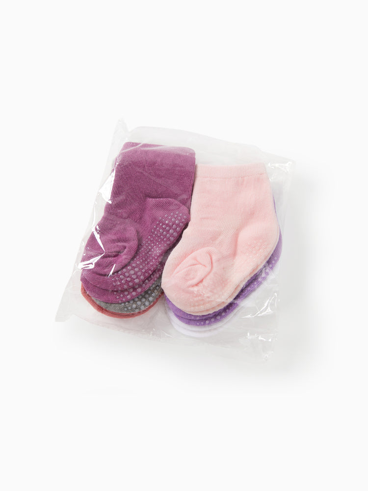 Lot de 6 paires de chaussettes antidérapantes adhésives pour bébé/enfant, couleur unie, rose clair