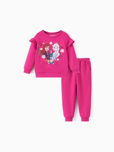 Disney Frozen Toddler Girl Elsa/Anna Ruffled Knit Fabric Top and Pants Set Hot Pink