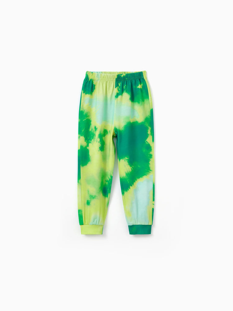 Christmas Matching Family Pajamas Set Cute ELF Print Gradient Tie-Dye Long-sleeve PJS with Christmas Socks Green