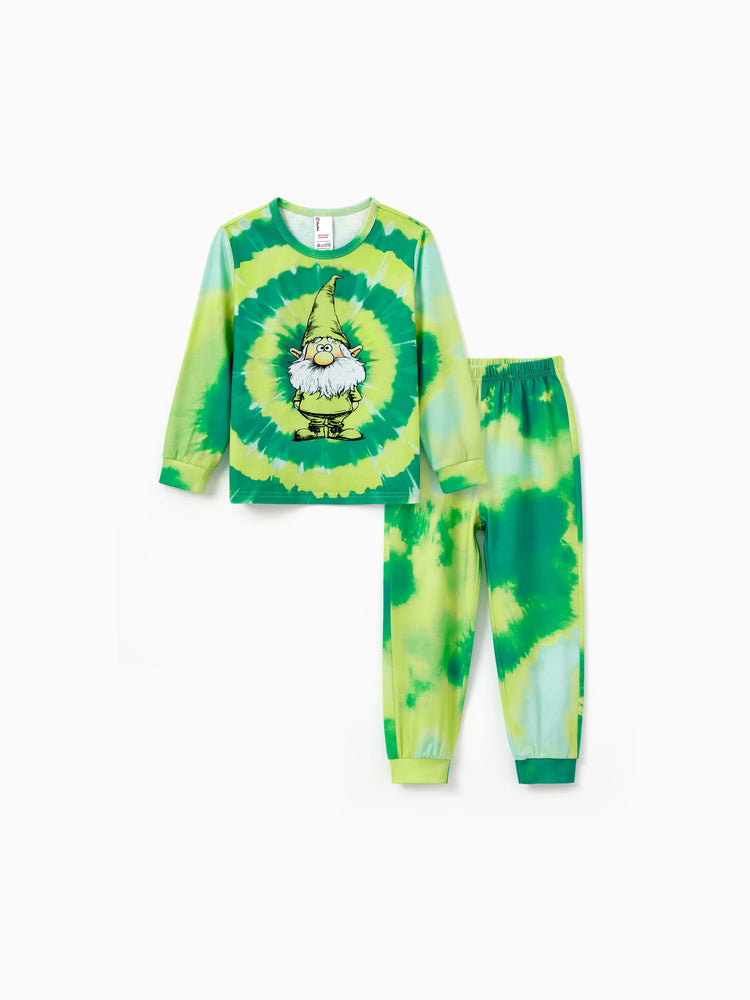 Christmas Matching Family Pajamas Set Cute ELF Print Gradient Tie-Dye Long-sleeve PJS with Christmas Socks Green