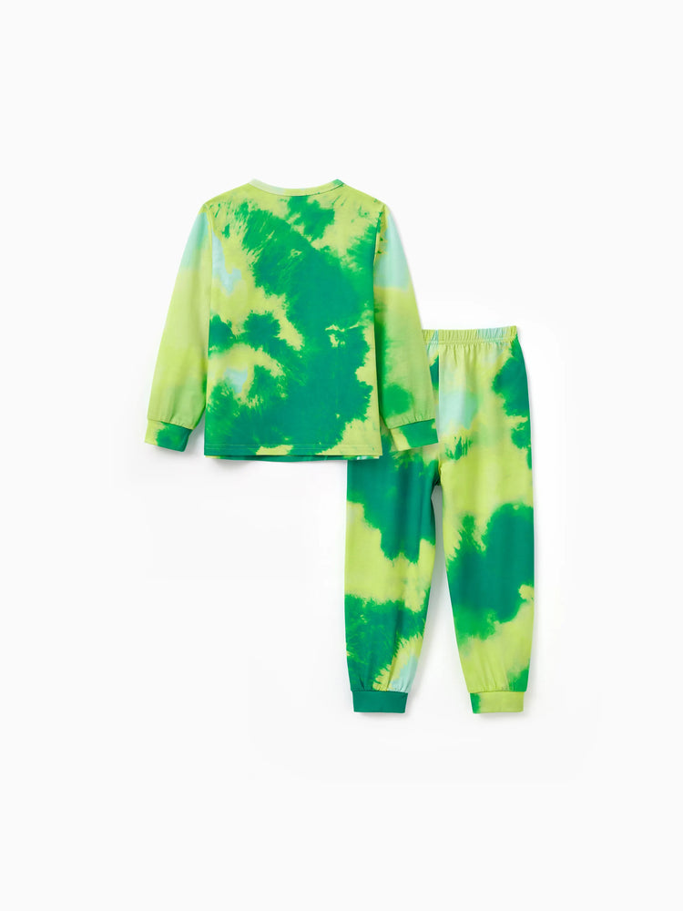 Christmas Matching Family Pajamas Set Cute ELF Print Gradient Tie-Dye Long-sleeve PJS with Christmas Socks Green