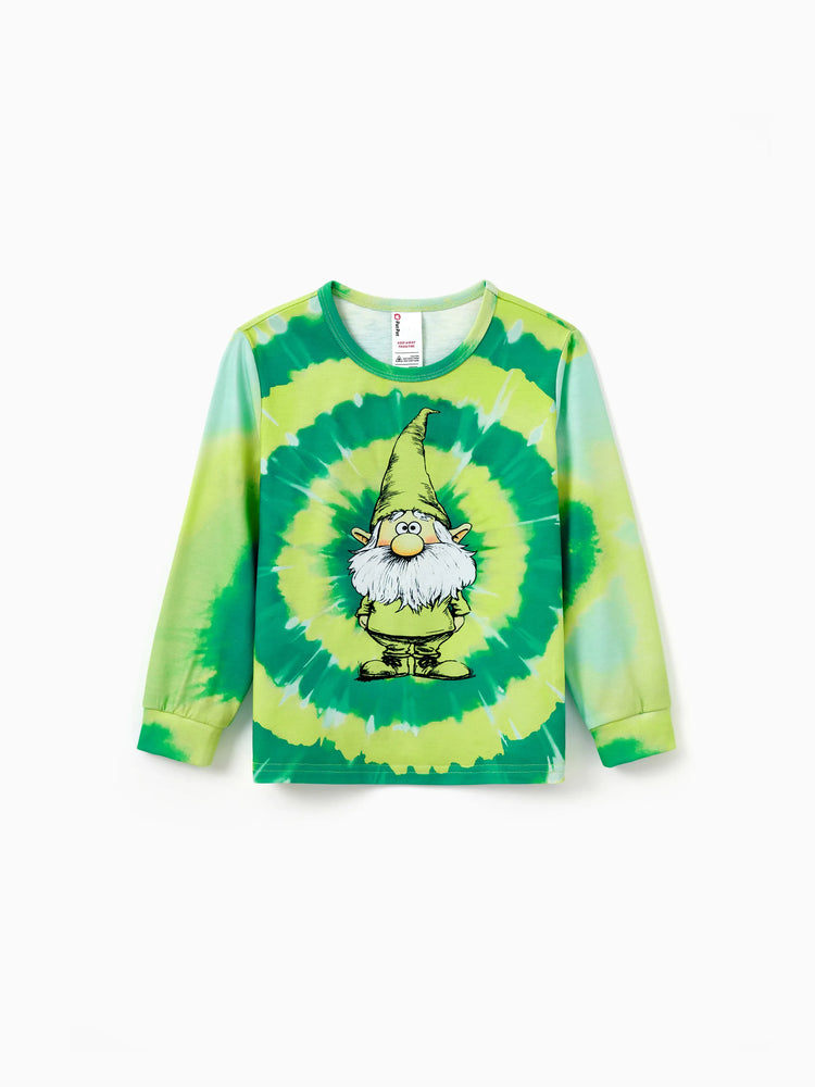Christmas Matching Family Pajamas Set Cute ELF Print Gradient Tie-Dye Long-sleeve PJS with Christmas Socks Green