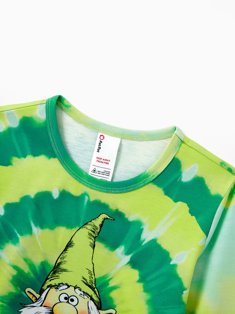 Christmas Matching Family Pajamas Set Cute ELF Print Gradient Tie-Dye Long-sleeve PJS with Christmas Socks Green