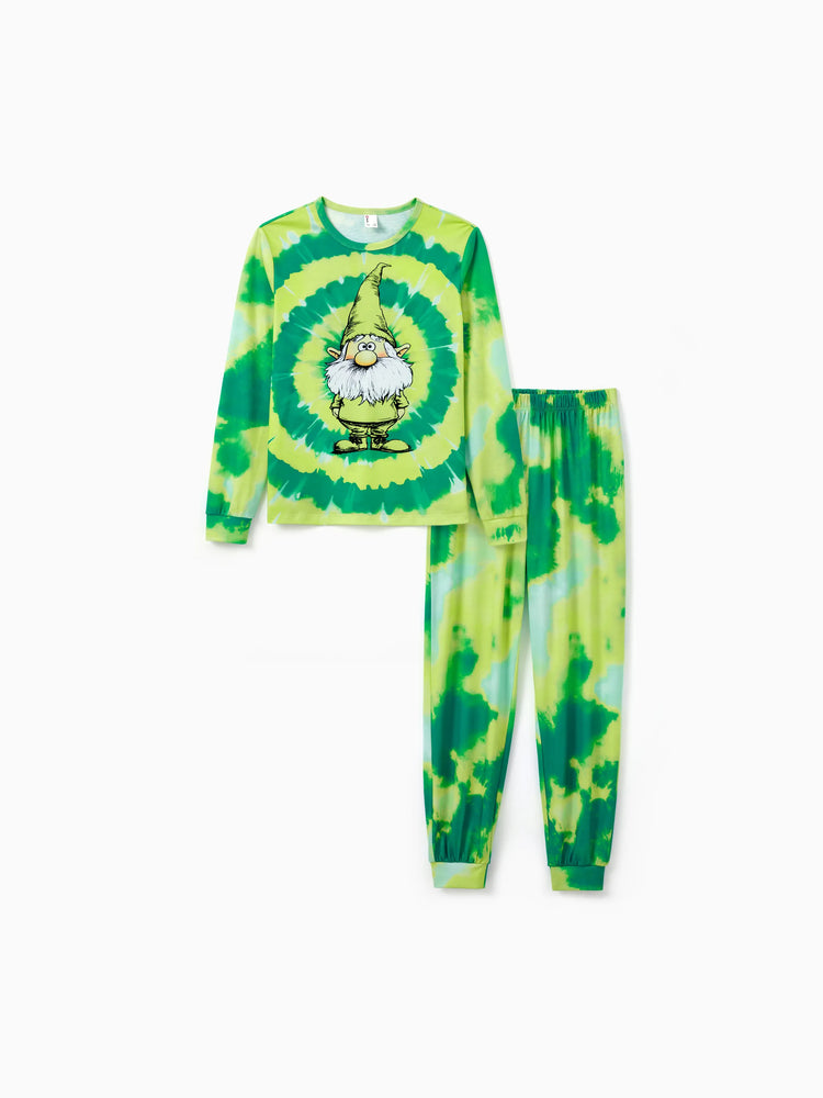 Christmas Matching Family Pajamas Set Cute ELF Print Gradient Tie-Dye Long-sleeve PJS with Christmas Socks Green
