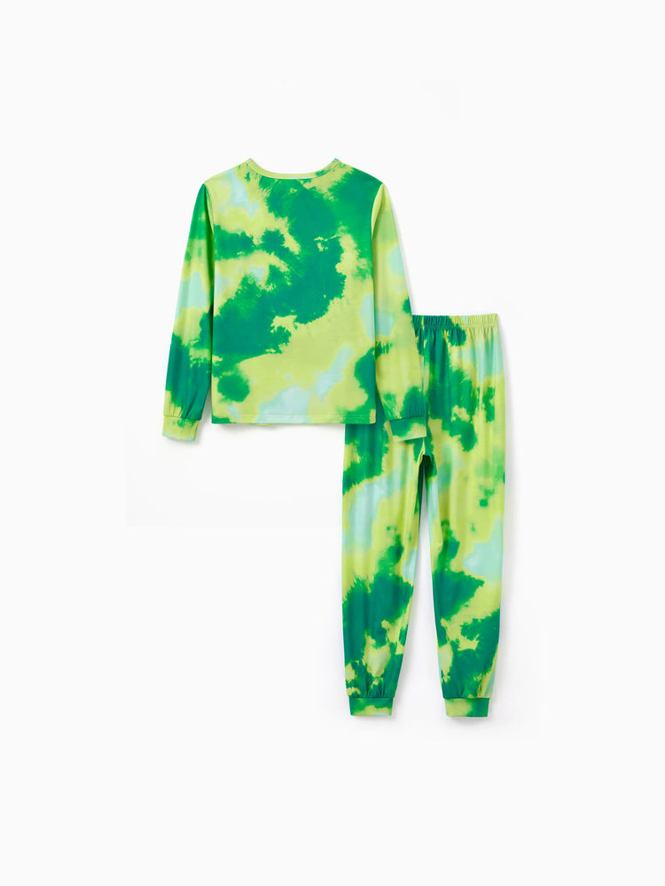 Christmas Matching Family Pajamas Set Cute ELF Print Gradient Tie-Dye Long-sleeve PJS with Christmas Socks Green