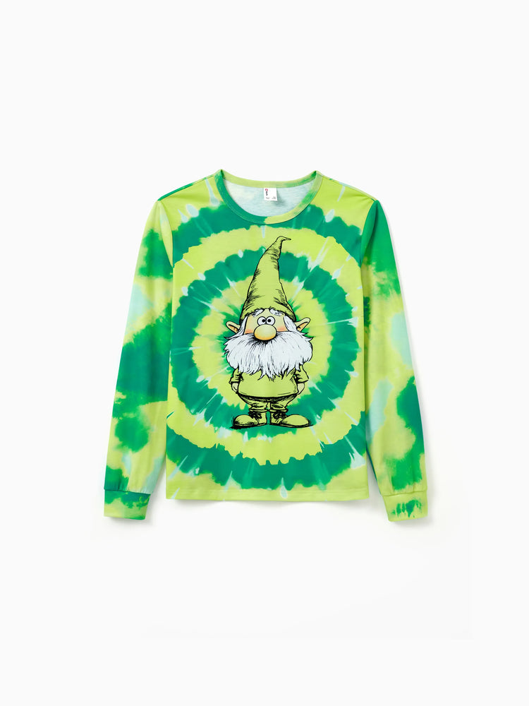 Christmas Matching Family Pajamas Set Cute ELF Print Gradient Tie-Dye Long-sleeve PJS with Christmas Socks Green