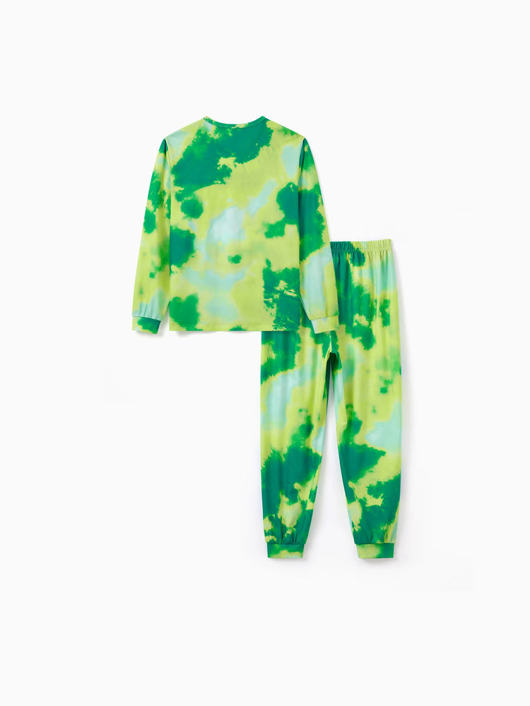 Christmas Matching Family Pajamas Set Cute ELF Print Gradient Tie-Dye Long-sleeve PJS with Christmas Socks Green