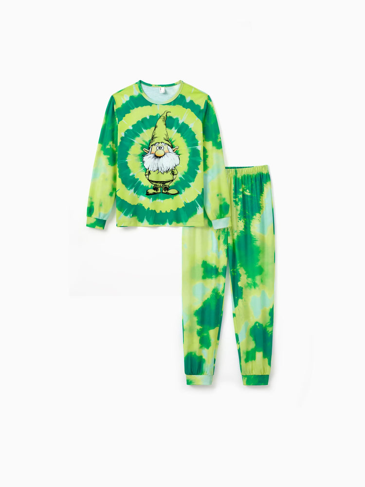 Christmas Matching Family Pajamas Set Cute ELF Print Gradient Tie-Dye Long-sleeve PJS with Christmas Socks Green
