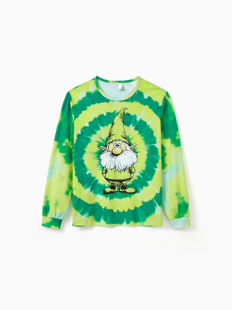 Christmas Matching Family Pajamas Set Cute ELF Print Gradient Tie-Dye Long-sleeve PJS with Christmas Socks Green
