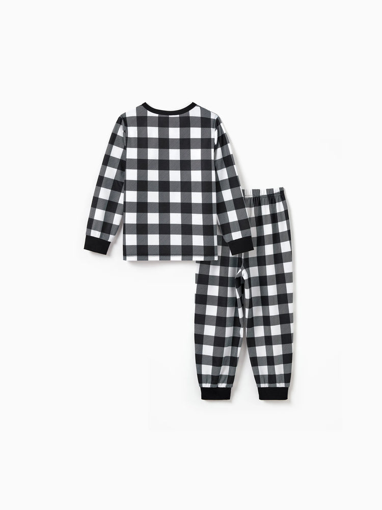 Christmas Matching Family Pajamas Set Allover Black Grid Print Long-sleeve PJS with Christmas Socks Black