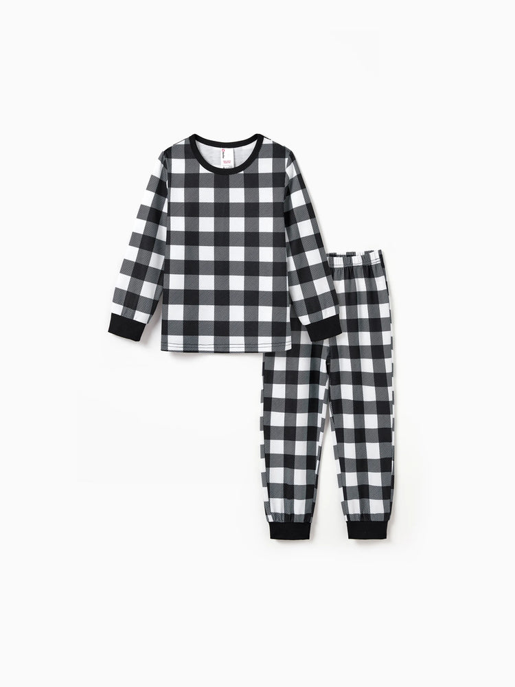 Christmas Matching Family Pajamas Set Allover Black Grid Print Long-sleeve PJS with Christmas Socks Black