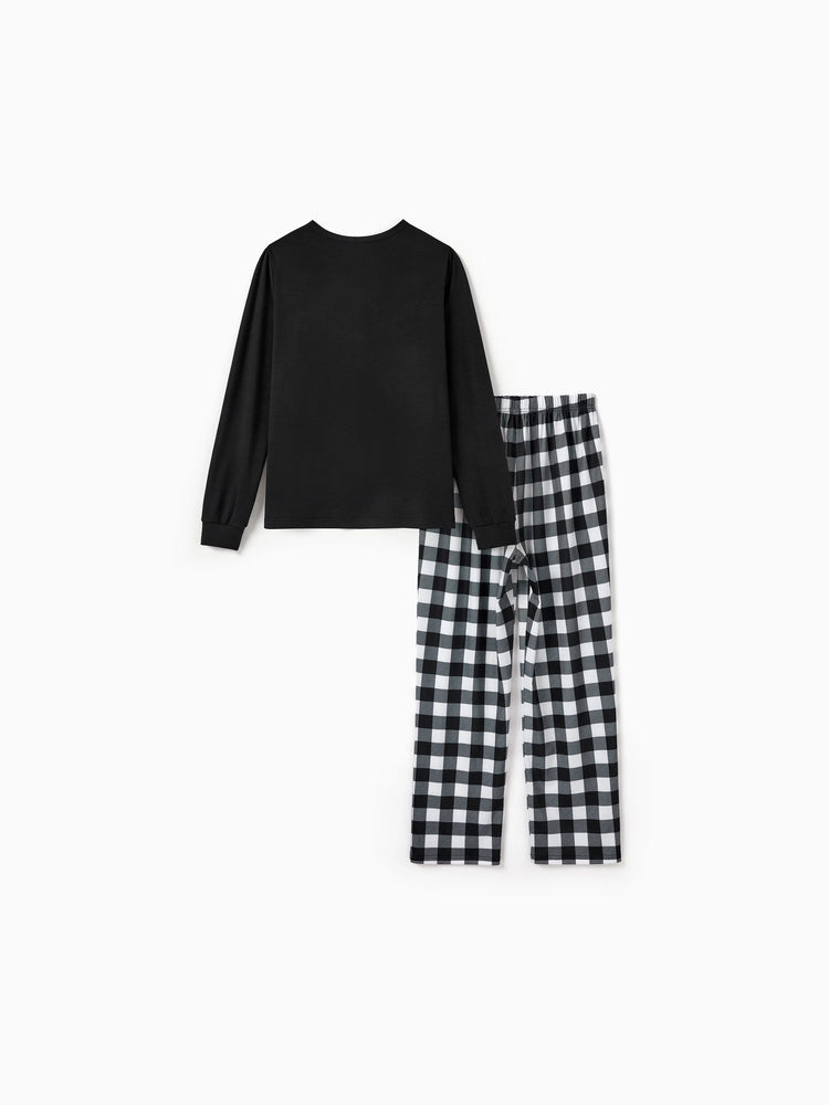 Christmas Matching Family Pajamas Set Allover Black Grid Print Long-sleeve PJS with Christmas Socks Black