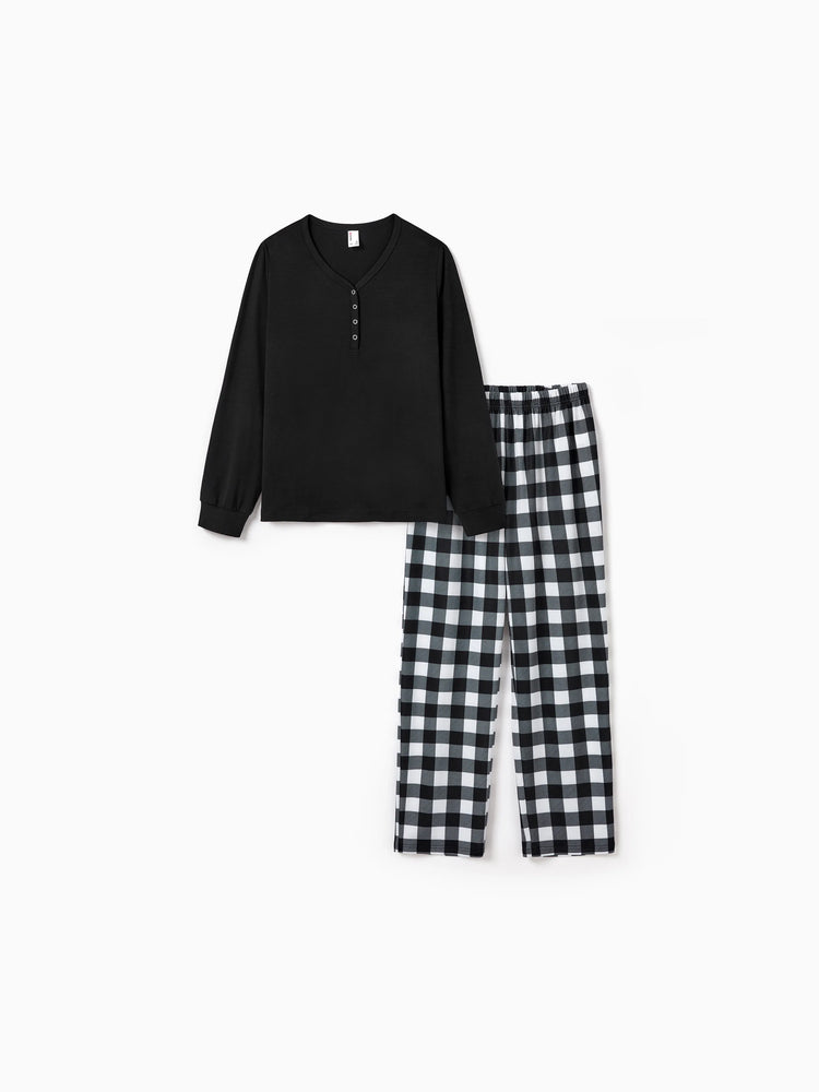 Christmas Matching Family Pajamas Set Allover Black Grid Print Long-sleeve PJS with Christmas Socks Black