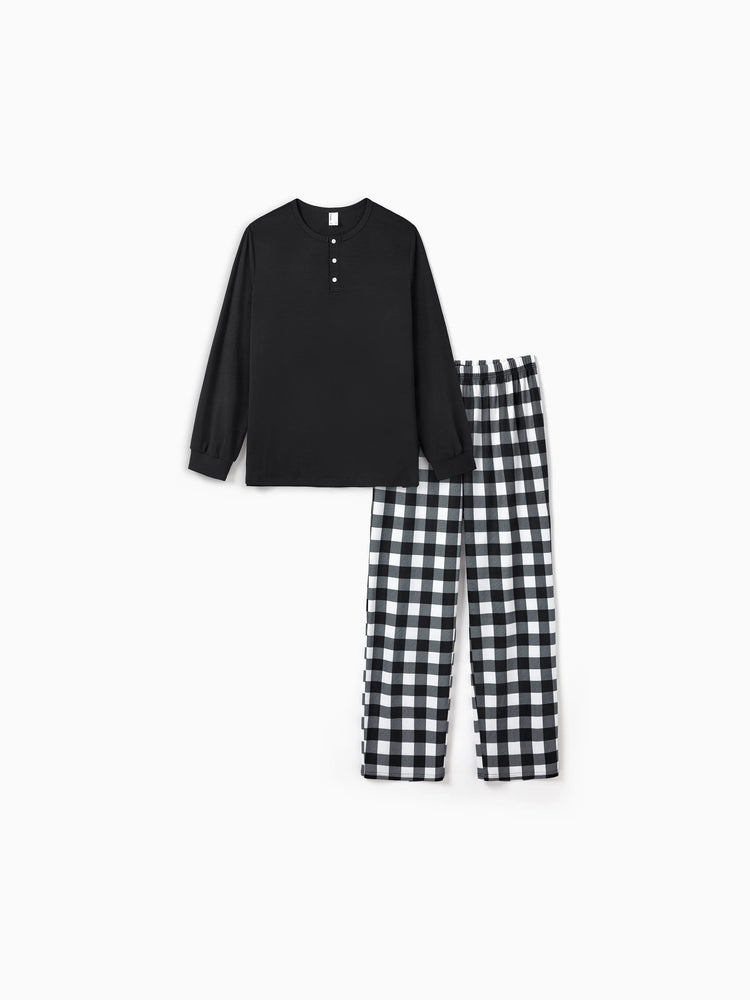 Christmas Matching Family Pajamas Set Allover Black Grid Print Long-sleeve PJS with Christmas Socks Black