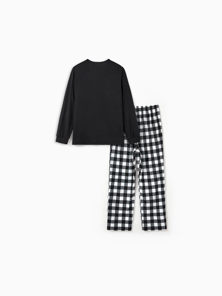 Christmas Matching Family Pajamas Set Allover Black Grid Print Long-sleeve PJS with Christmas Socks Black