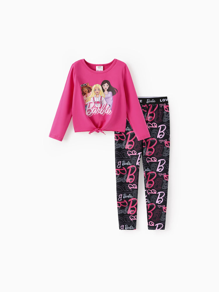 Barbie Kleinkind/Kinder Mädchen 2pcs Chic Saum Baumwolle Langarm-Top und Leopardenhose Set Fuchsie