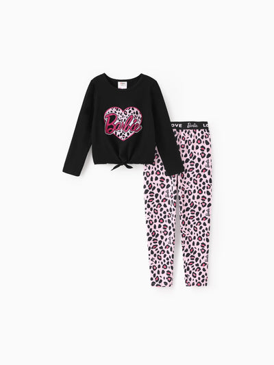 Barbie Toddler/Kids Girl 2pcs Chic Hem Cotton Long-sleeve Top and Leopard Pants Set Black