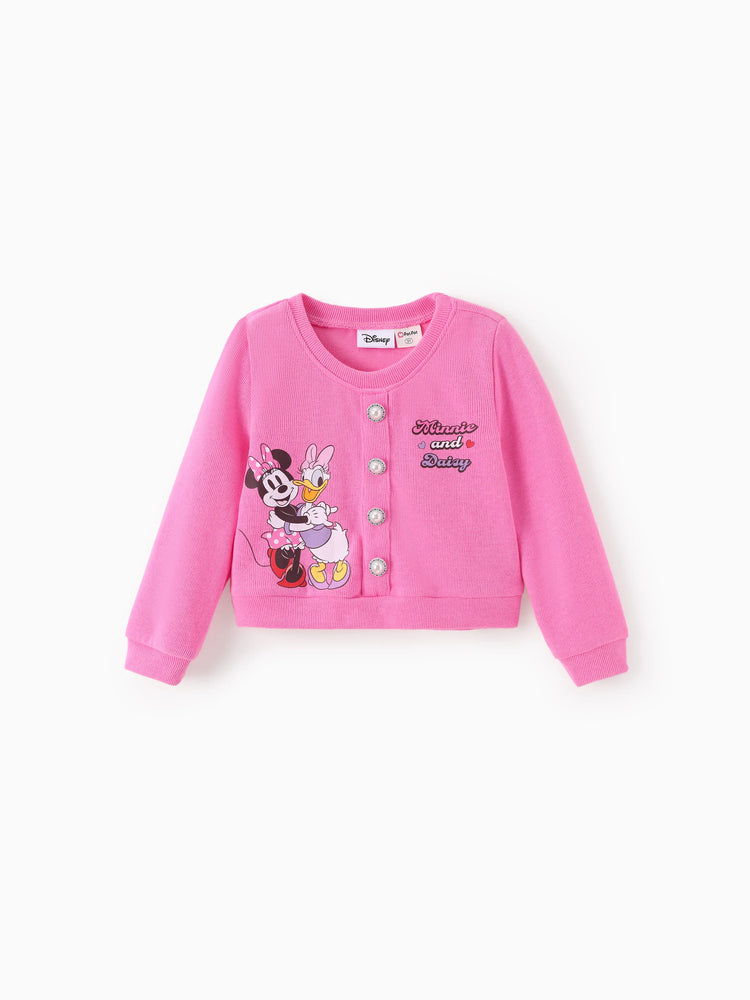 Disney Mickey and Friends Toddler Girl 2pcs Minnie Mouse Character Print Cotton Long-sleeve Top And Tweed Bowknot Skirt Set Hot Pink