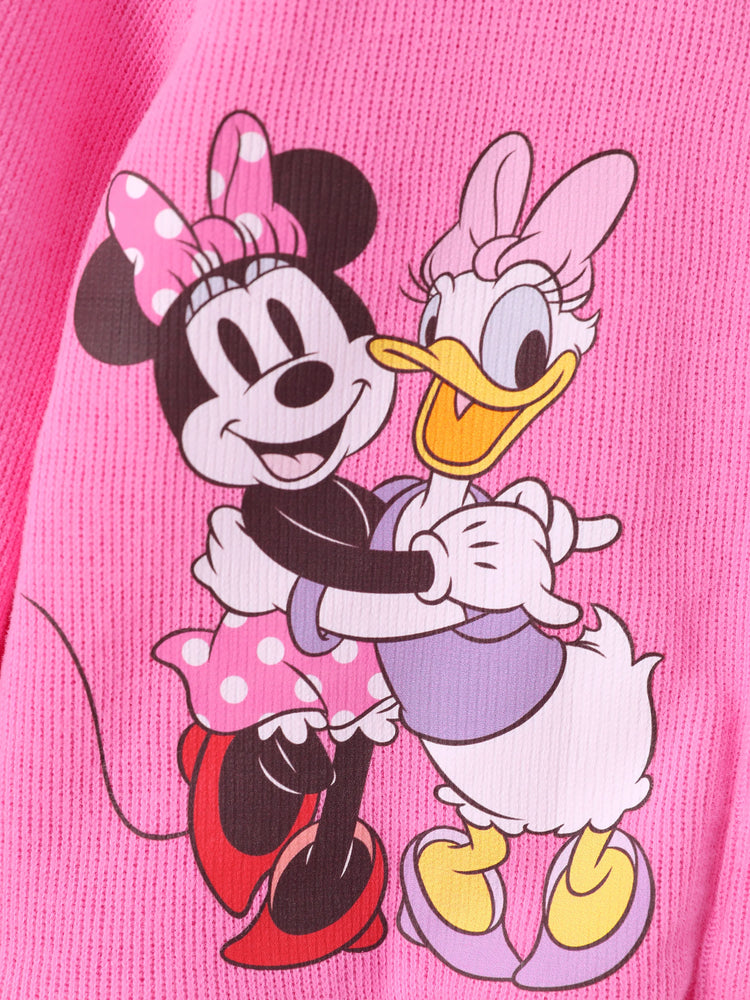 Disney Mickey and Friends Toddler Girl 2pcs Minnie Mouse Character Print Cotton Long-sleeve Top And Tweed Bowknot Skirt Set Hot Pink