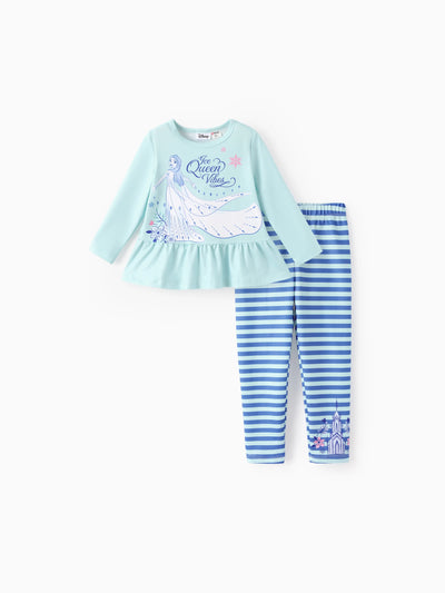 Disney Frozen Toddler Girl 2pcs Elsa Floral Print Ruffle Top and Leggings Set Light Blue