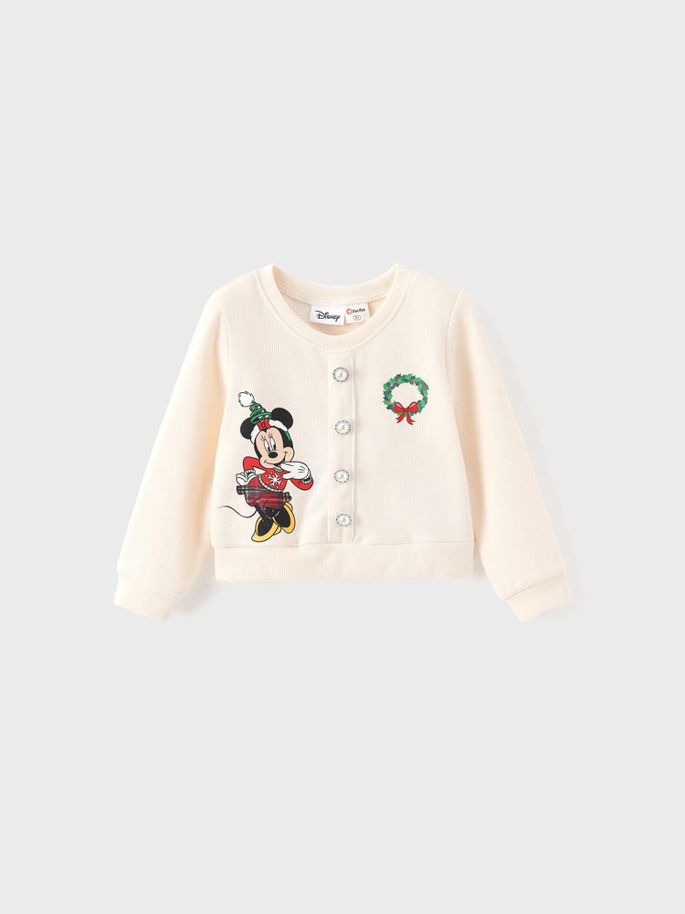 Disney Mickey and Friends Toddler Girl 2pcs Mickey Mouse Cotton Long-sleeve Top And Tweed Bowknot Skirt Set Beige