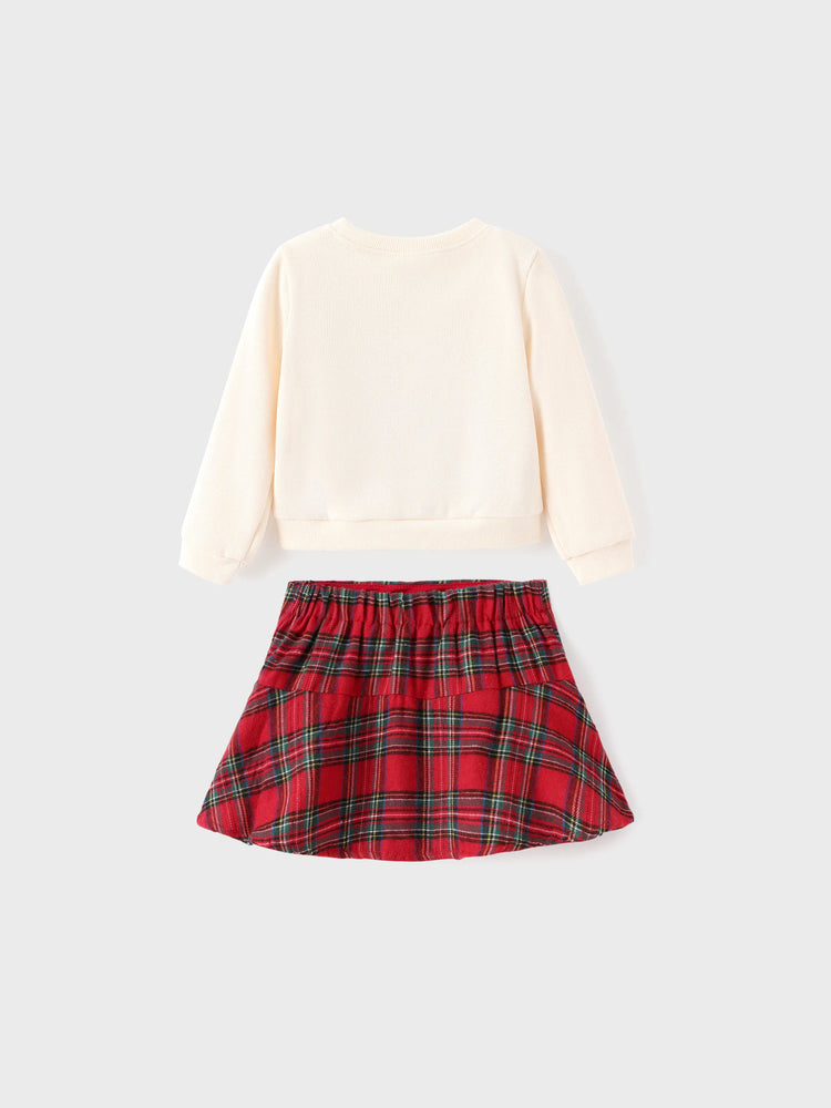 Disney Mickey and Friends Toddler Girl 2pcs Mickey Mouse Cotton Long-sleeve Top And Tweed Bowknot Skirt Set Beige