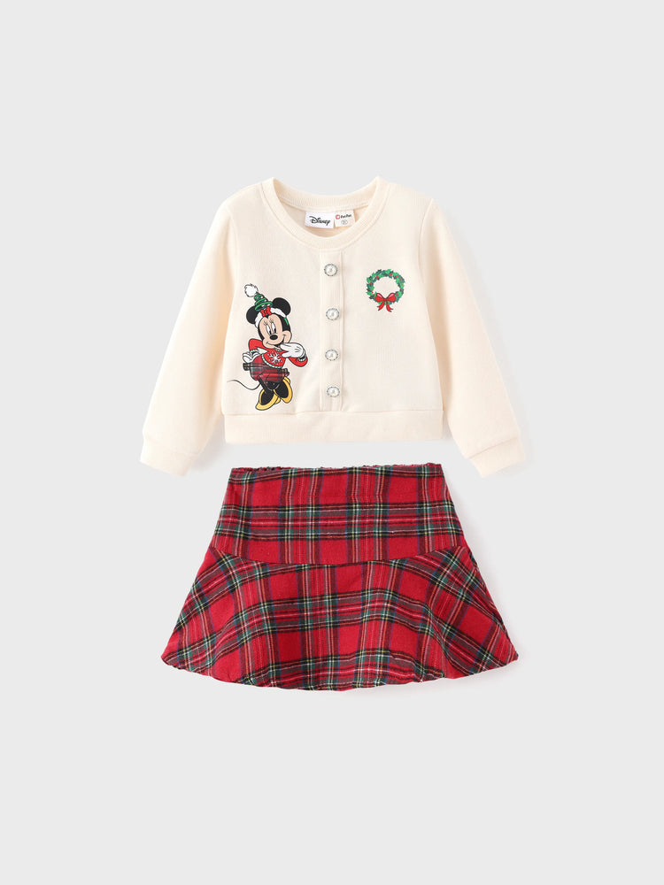 Disney Mickey and Friends Toddler Girl 2pcs Mickey Mouse Cotton Long-sleeve Top And Tweed Bowknot Skirt Set Beige