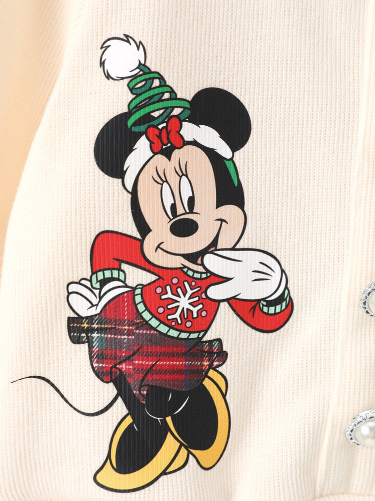 Disney Mickey and Friends Toddler Girl 2pcs Mickey Mouse Cotton Long-sleeve Top And Tweed Bowknot Skirt Set Beige