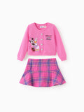 Disney Mickey and Friends Toddler Girl 2pcs Minnie Mouse Character Print Cotton Long-sleeve Top And Tweed Bowknot Skirt Set Hot Pink