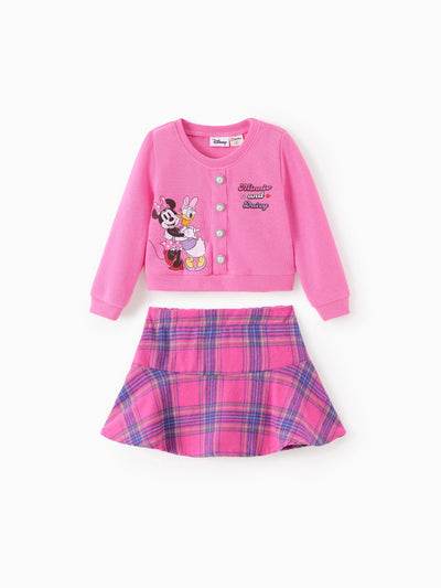 Disney Mickey and Friends Toddler Girl 2pcs Minnie Mouse Character Print Cotton Long-sleeve Top And Tweed Bowknot Skirt Set Hot Pink