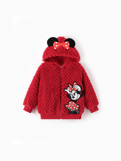 Disney Mickey and Friends Toddler Girl Minnie Mouse Plush Bowknot 3D Ears Hooded Long-sleeve Coat Red